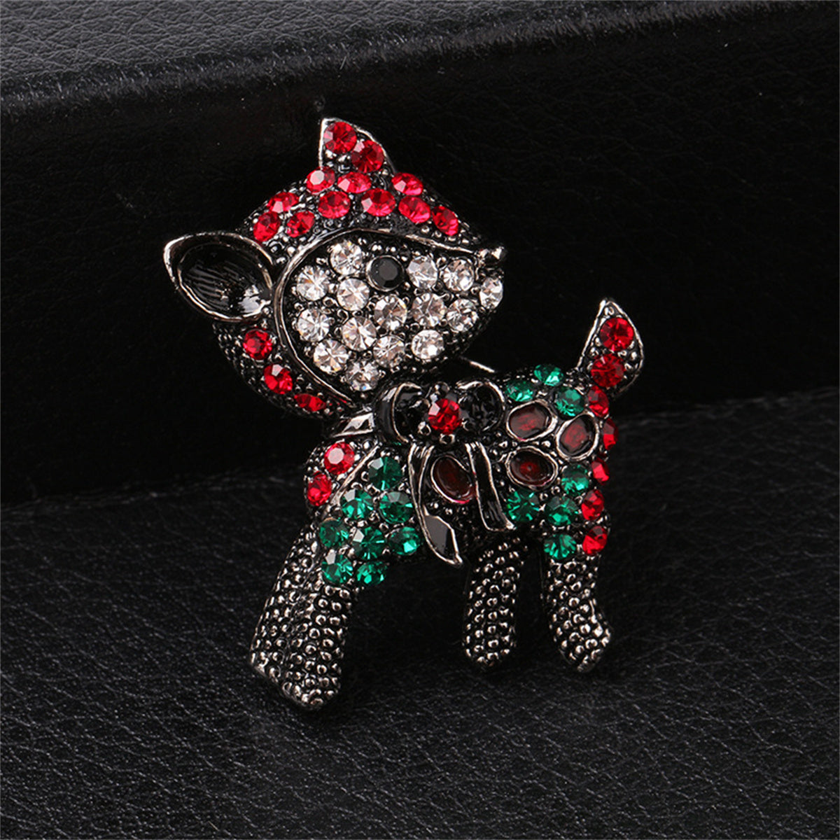 Red Cubic Zirconia and Silver-Plated Reindeer Brooch, silver brooch pin, dainty minimalist design, side view