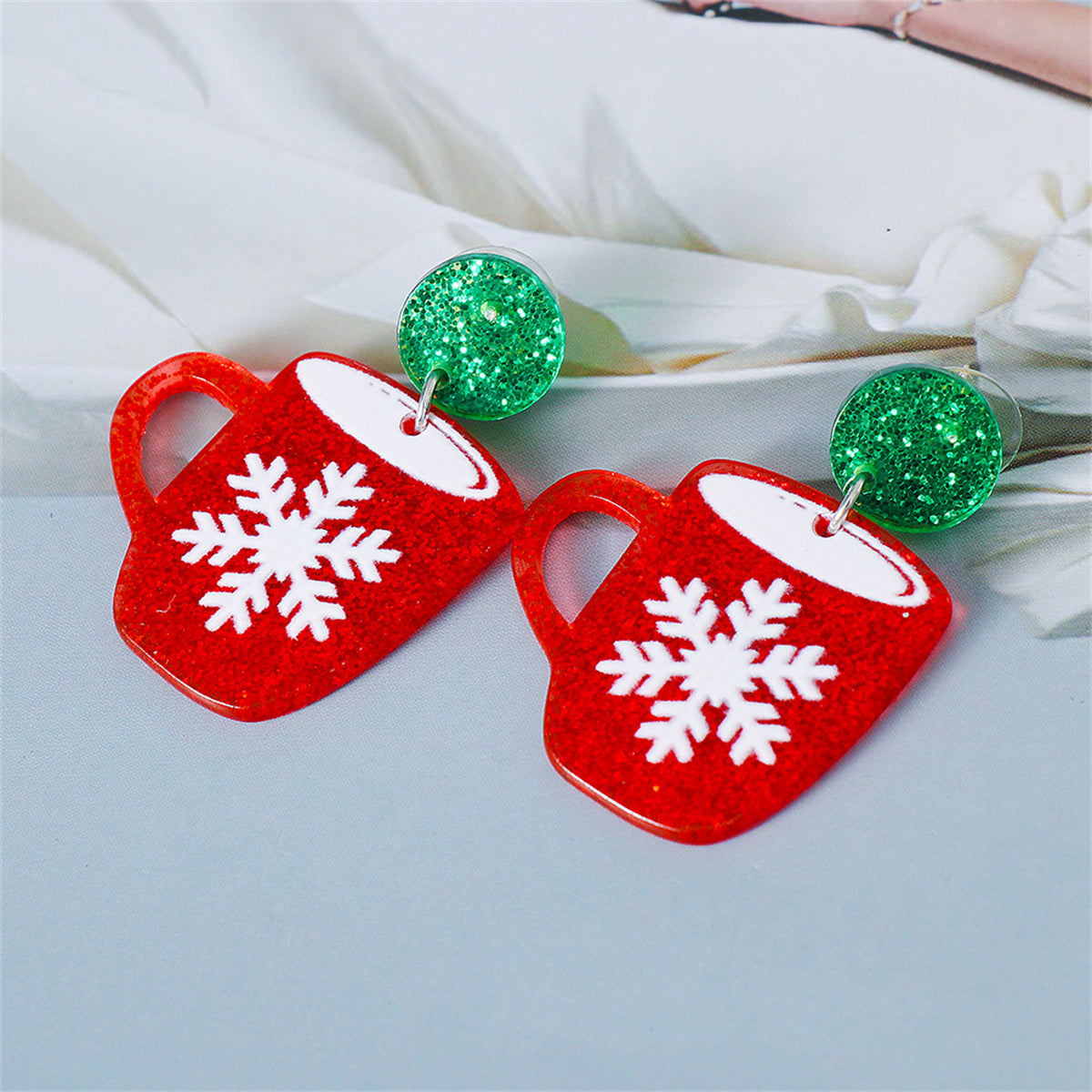 Red and Green Glitter Tiered Snowflake Cup Drop Earrings, drop earrings for women, elegant gift for her, detail close-up