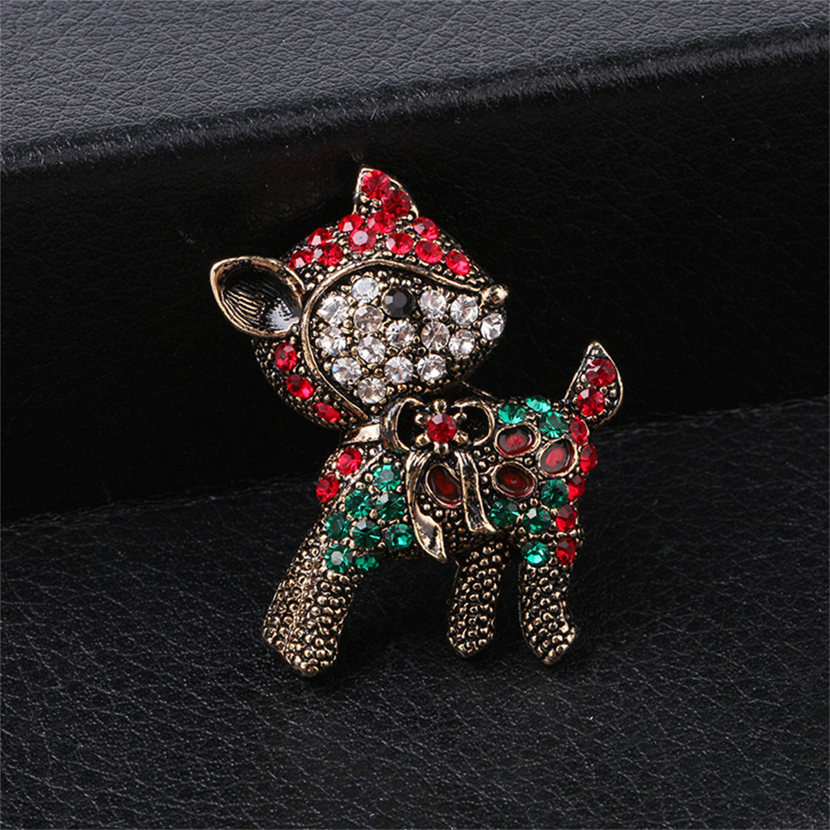 Red Cubic Zirconia & 18K Gold-Plated Reindeer Brooch