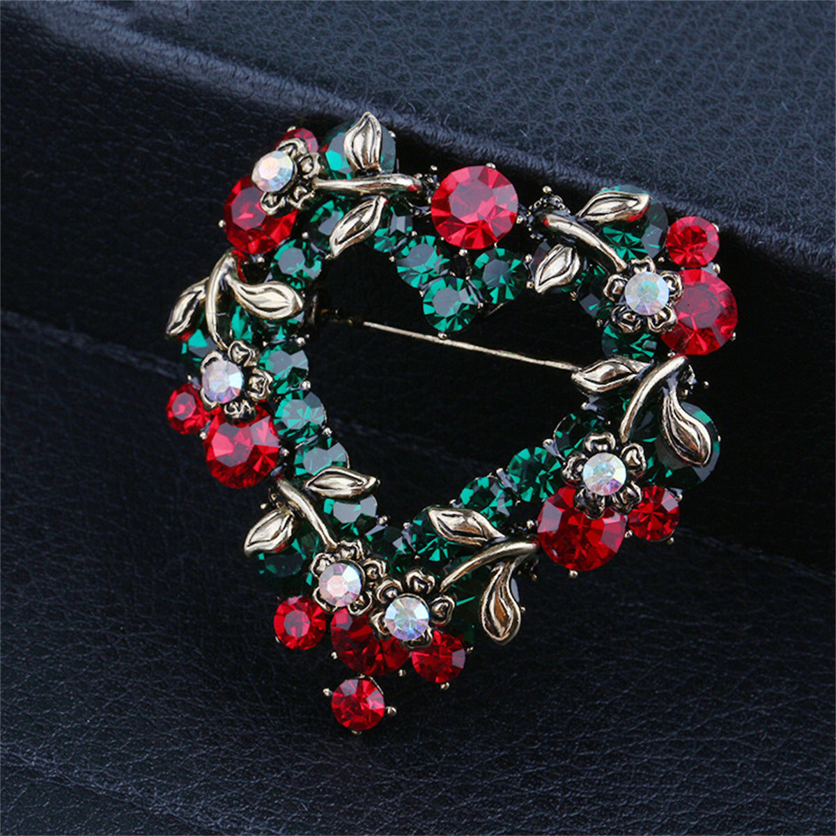 Red and Green Cubic Zirconia Silver-Plated Heart Brooch, silver brooch pin, dainty minimalist design, detail close-up