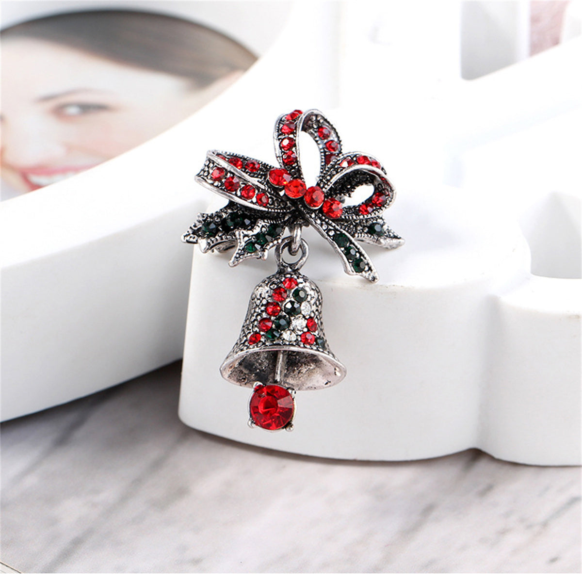 Red Cubic Zirconia & Silver-Plated Christmas Bow Bell Brooch