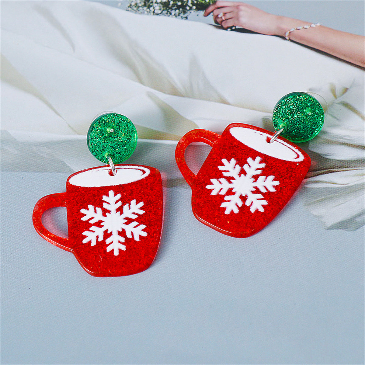 Red and Green Glitter Tiered Snowflake Cup Drop Earrings, drop earrings for women, elegant gift for her, lifestyle look