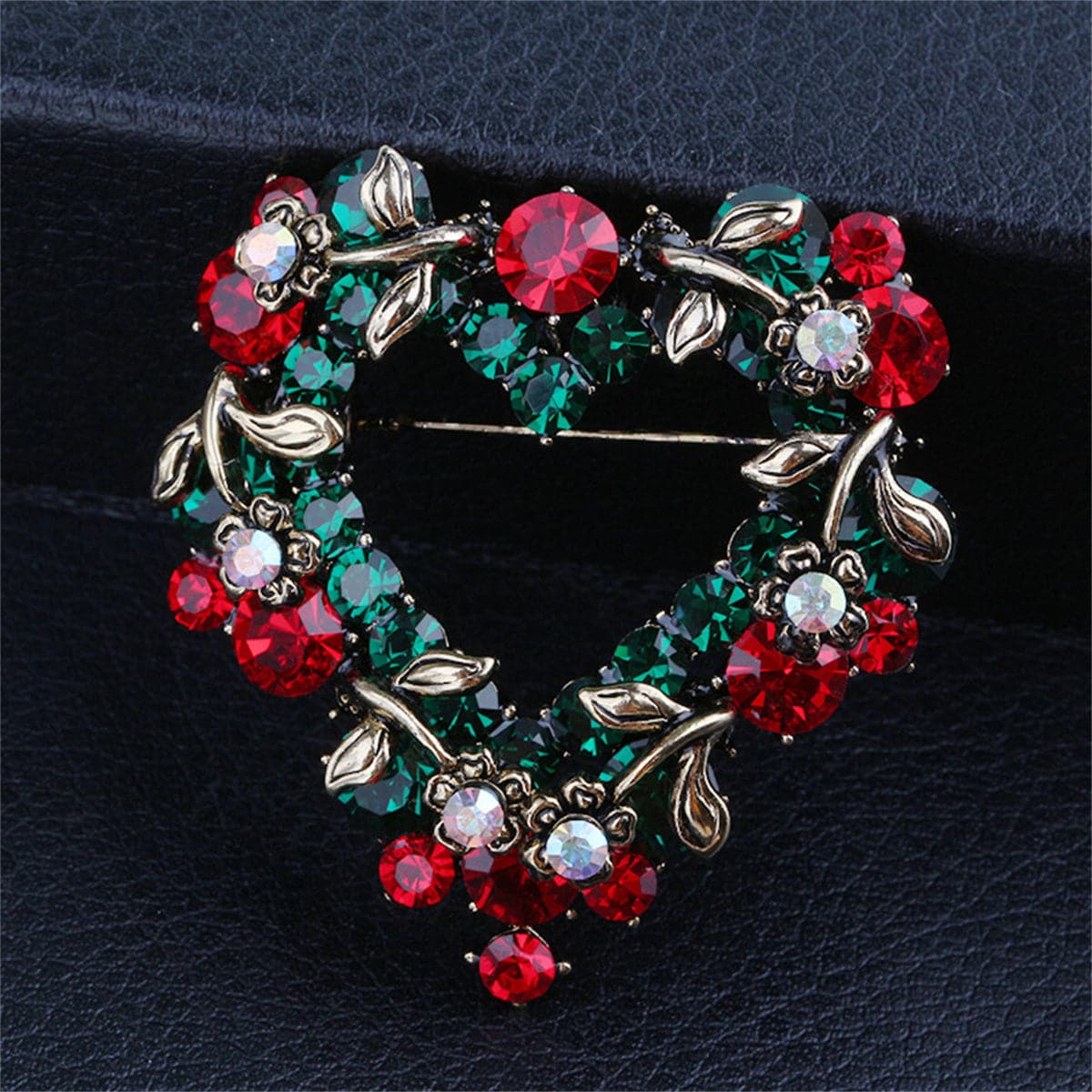 Red & Green Cubic Zirconia Silver-Plated Heart Brooch