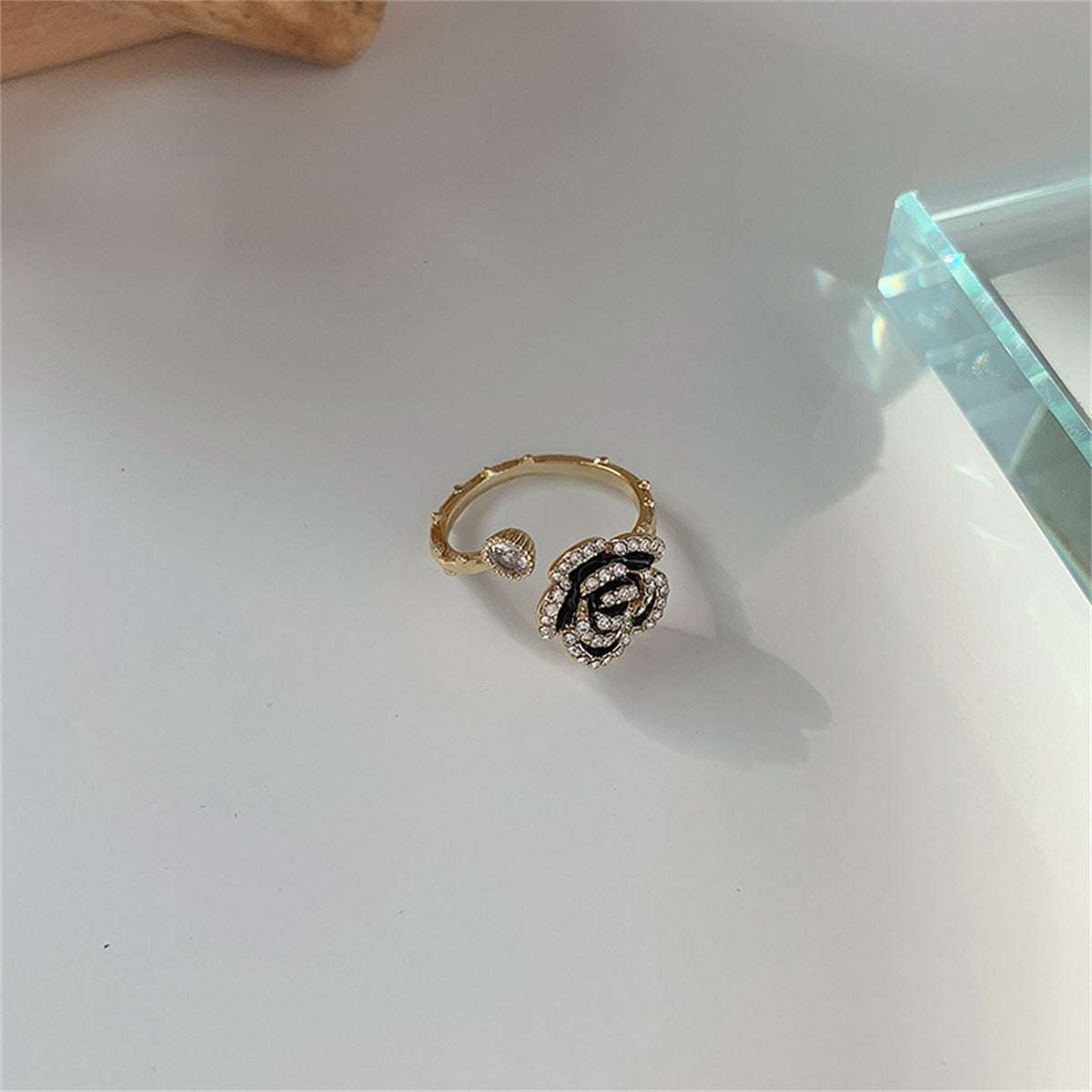 Cubic Zirconia & Enamel 18K Gold-Plated Camellia Bypass Ring