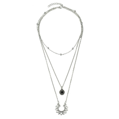 Black Resin and Silver-Plated Sunflower Layered Pendant Necklace, chunky silver choker necklace, everyday style, styled look