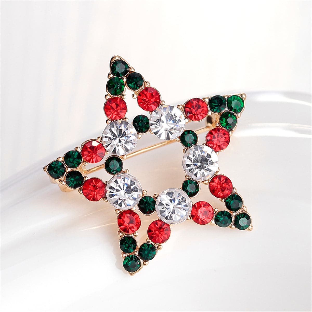 Cubic Zirconia and 18K Gold-Plated Hollow Star Brooch, gold brooch pin, botanical inspired, side view
