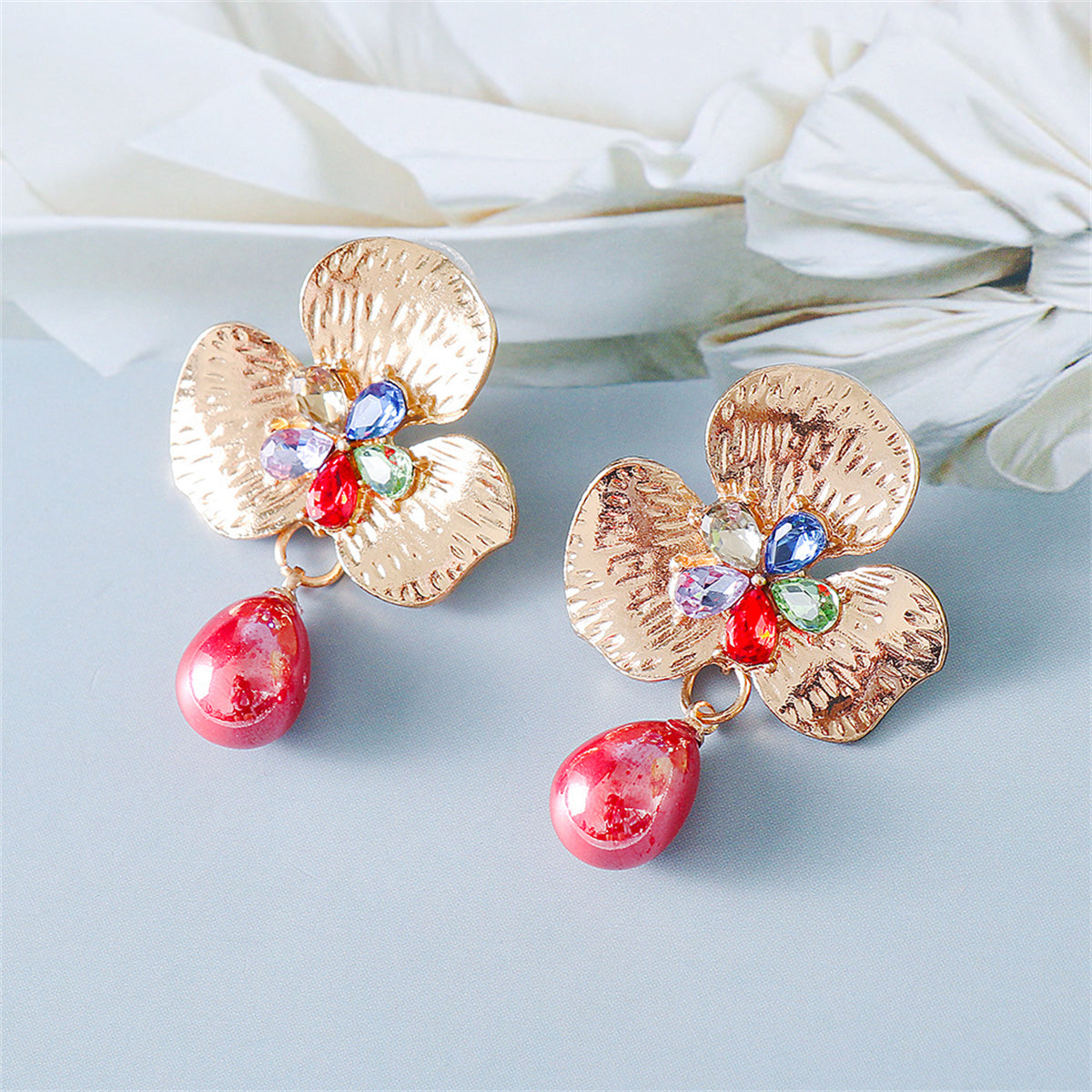 Red Pearl & Crystal 18K Gold-Plated Flower Drop Earrings