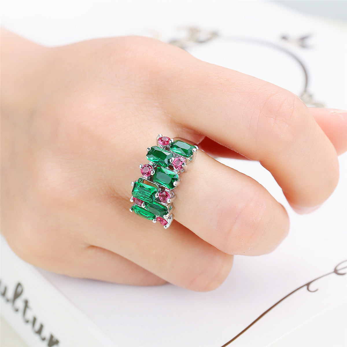 Green and Rose Pink Cubic Zirconia and Crystal Cluster Ring, statement rings for women, detail close-up
