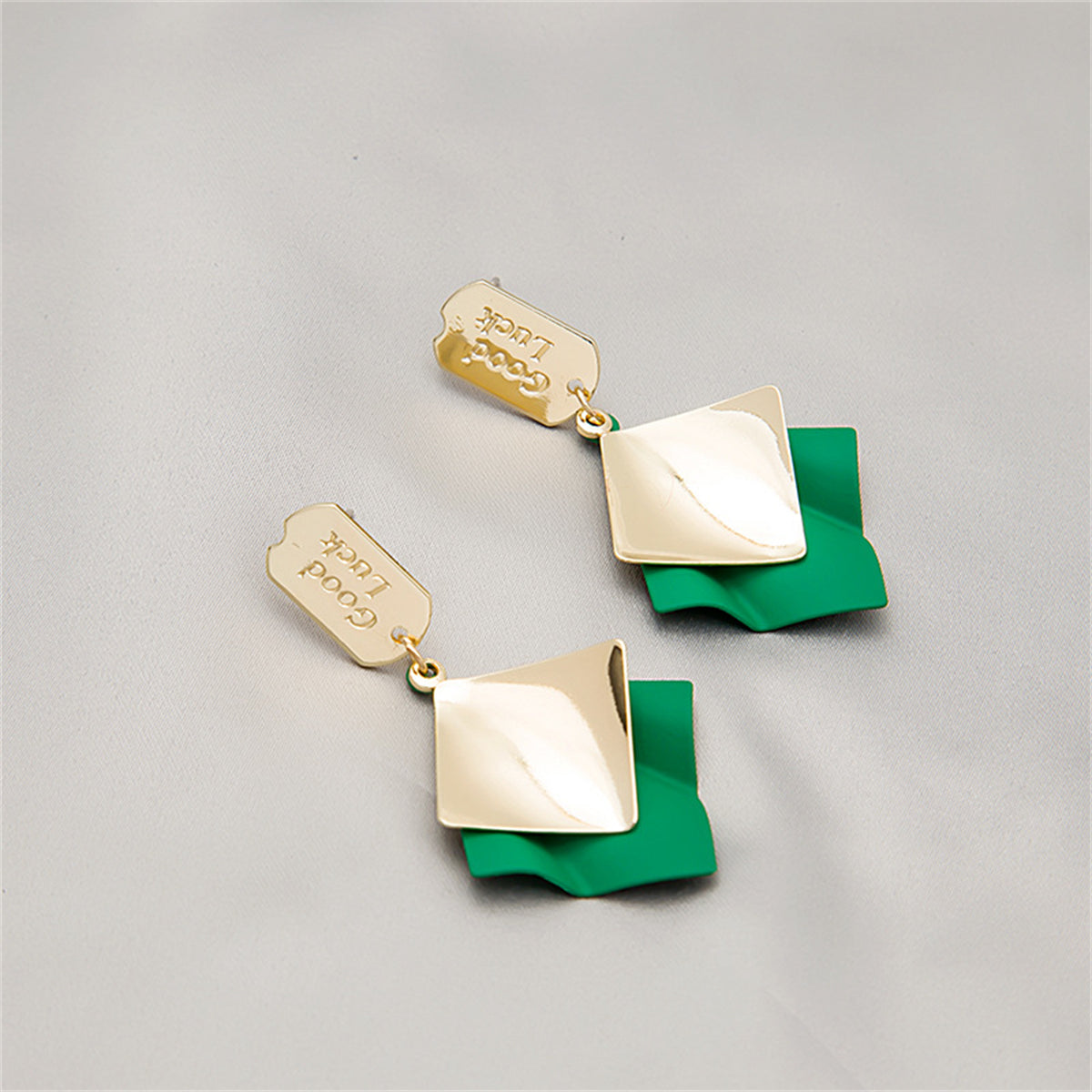 Green Enamel & 18K Gold-Plated 'Good Luck' Rhombus Drop Earrings