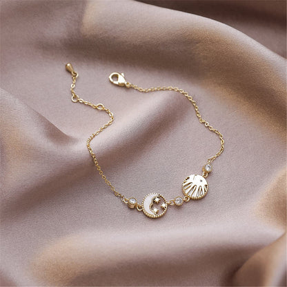 Cubic Zirconia and Shell 18K Gold Plated Round Moon Sun Charm Bracelet, gold bracelet for women, detail close-up