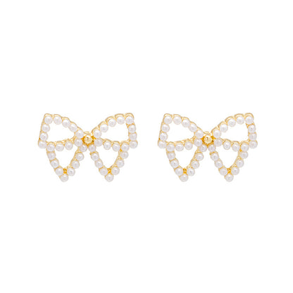 Pearl and 18K Gold-Plated Bow Stud Earrings, gold stud earrings for women, elegant gift for her, styled look
