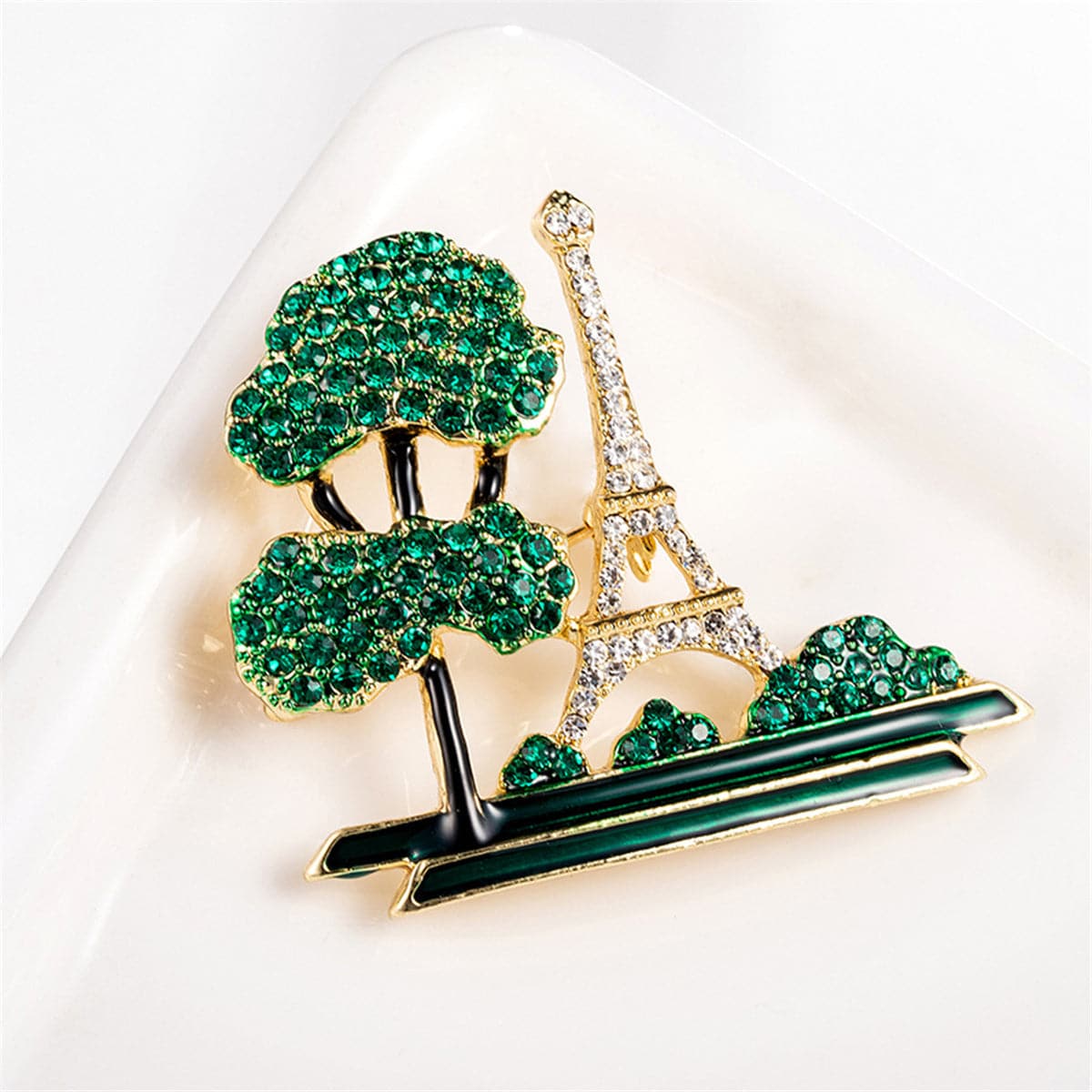 Green Cubic Zirconia & 18K Gold-Plated Eiffel Tower Brooch
