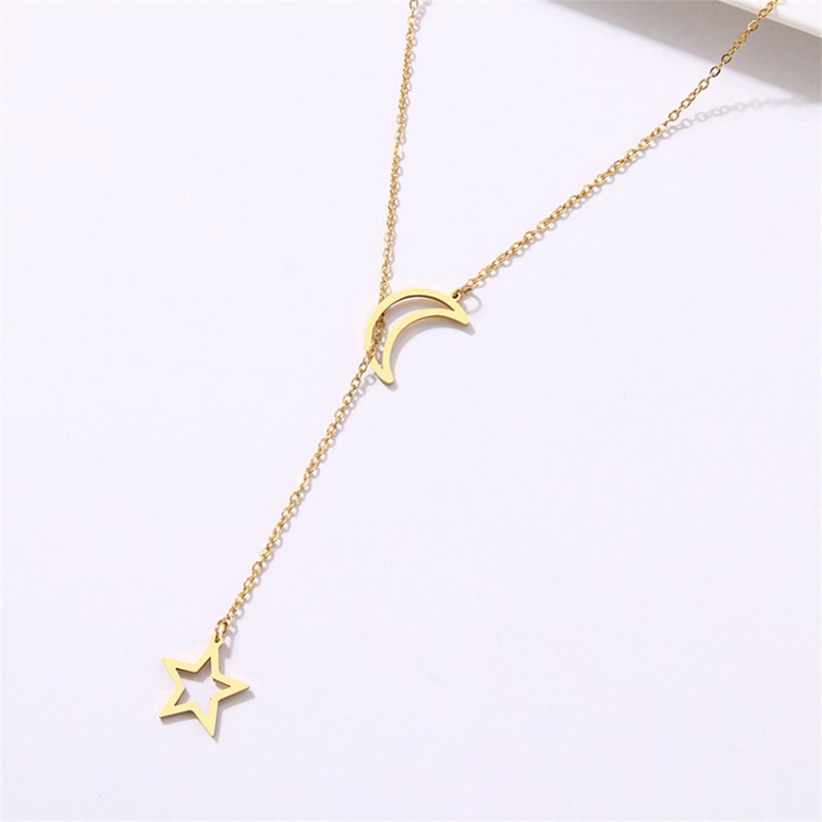 18K Gold-Plated Openwork Celestial Lariat Necklace, gold pendant necklace for women, botanical inspired, detail close-up