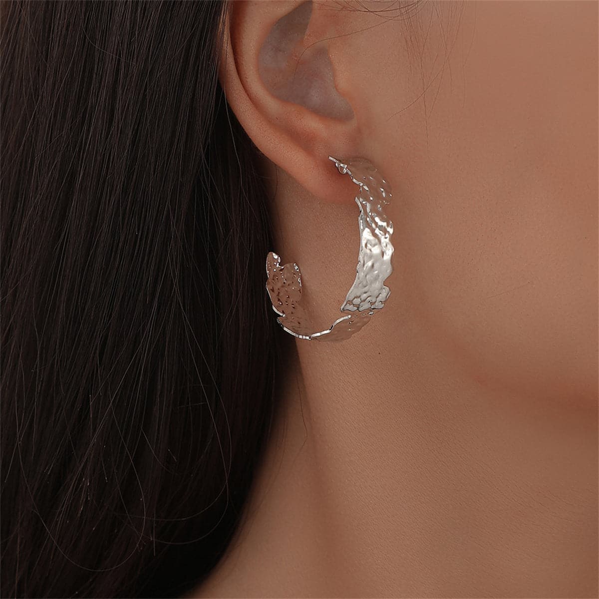 Silver-Plated Hammered Hoop Earrings, vintage-inspired design, front view