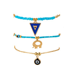 Turquoise & 18K Gold-Plated Elephant Charm Anklet Set
