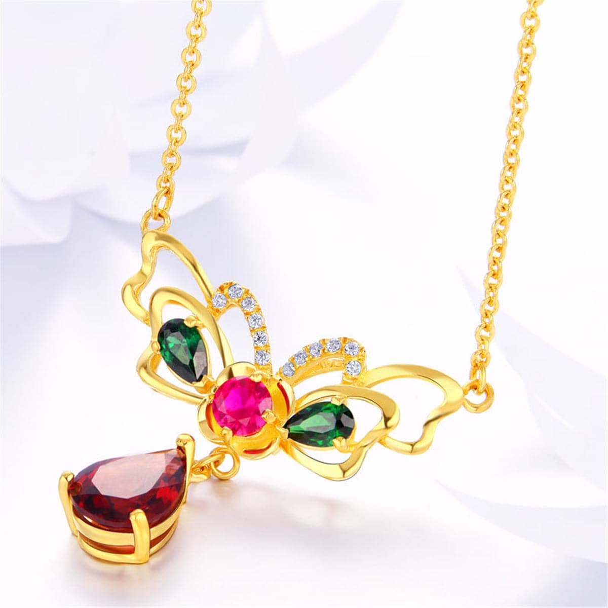 Red Crystal and Cubic Zirconia Butterfly Pendant Necklace, pendant necklace for women, vintage-inspired design, side view