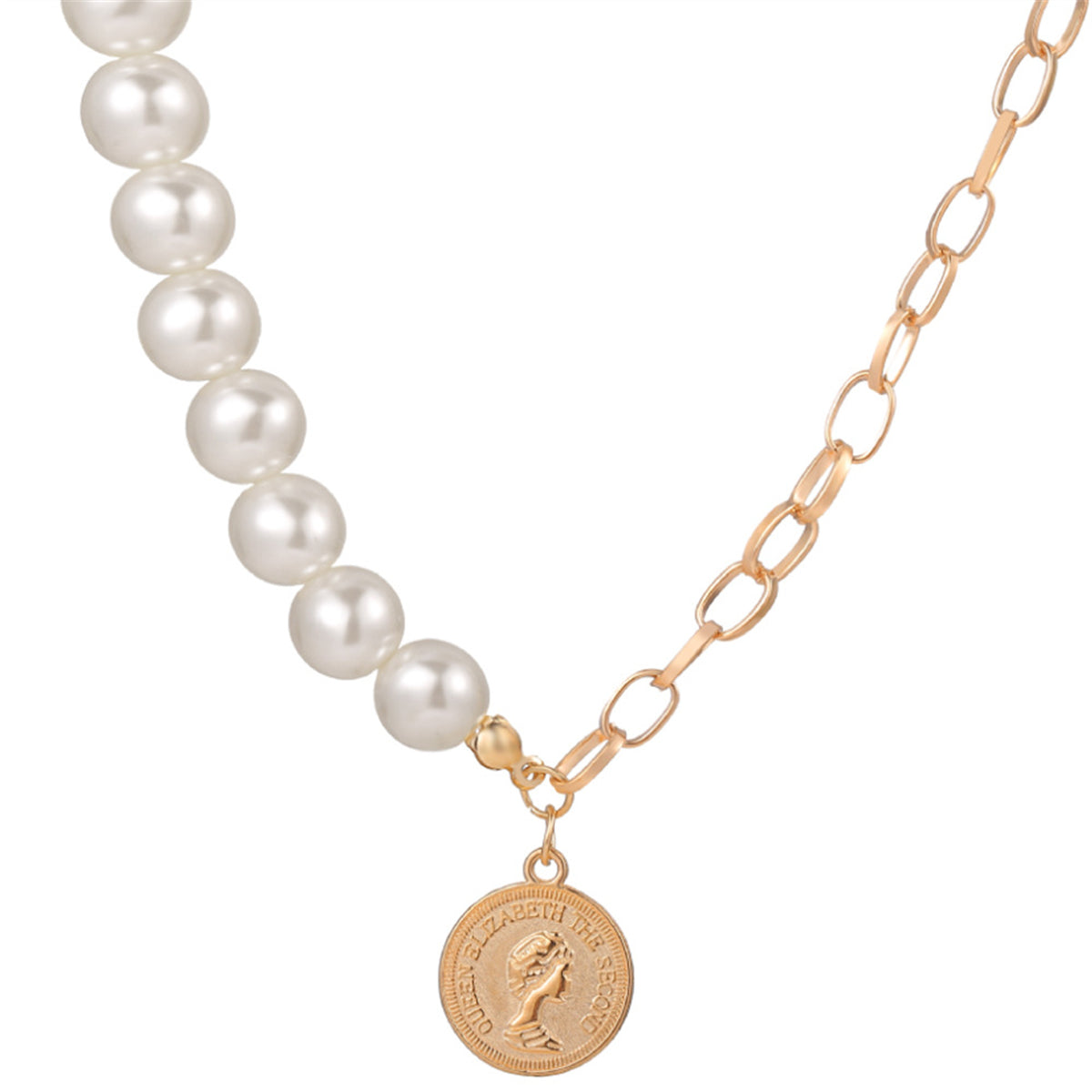 Pearl and 18K Gold-Plated Beaded Coin Pendant Necklace, gold pendant necklace for women, detail close-up