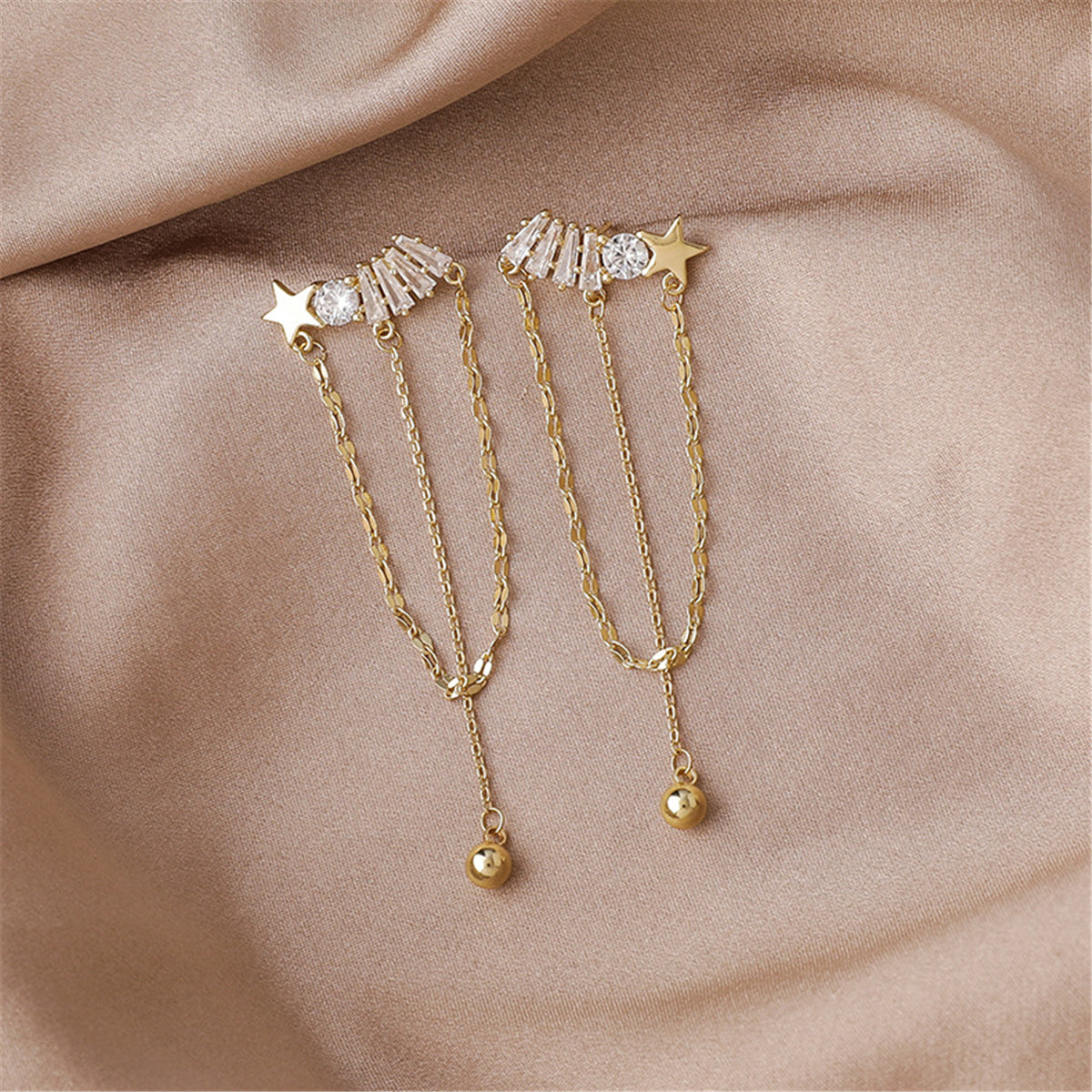 Cubic Zirconia and 18K Gold-Plated Star Chain Chandelier Drop Earrings, gold drop earrings for women, side view