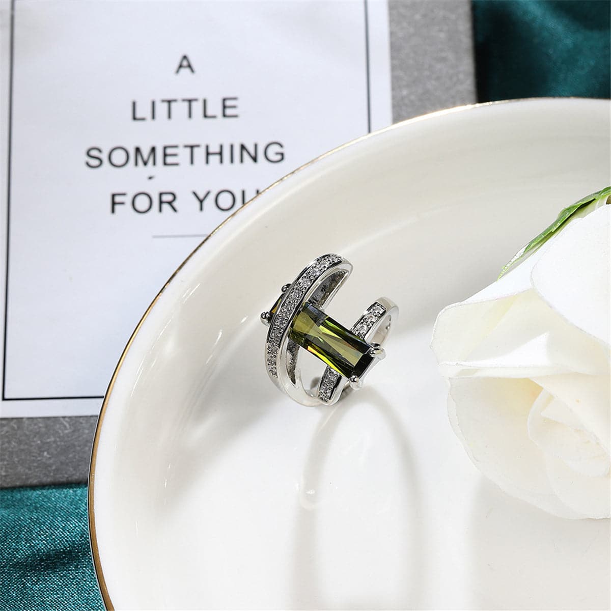 Olive Cubic Zirconia & Crystal Geometric Ring