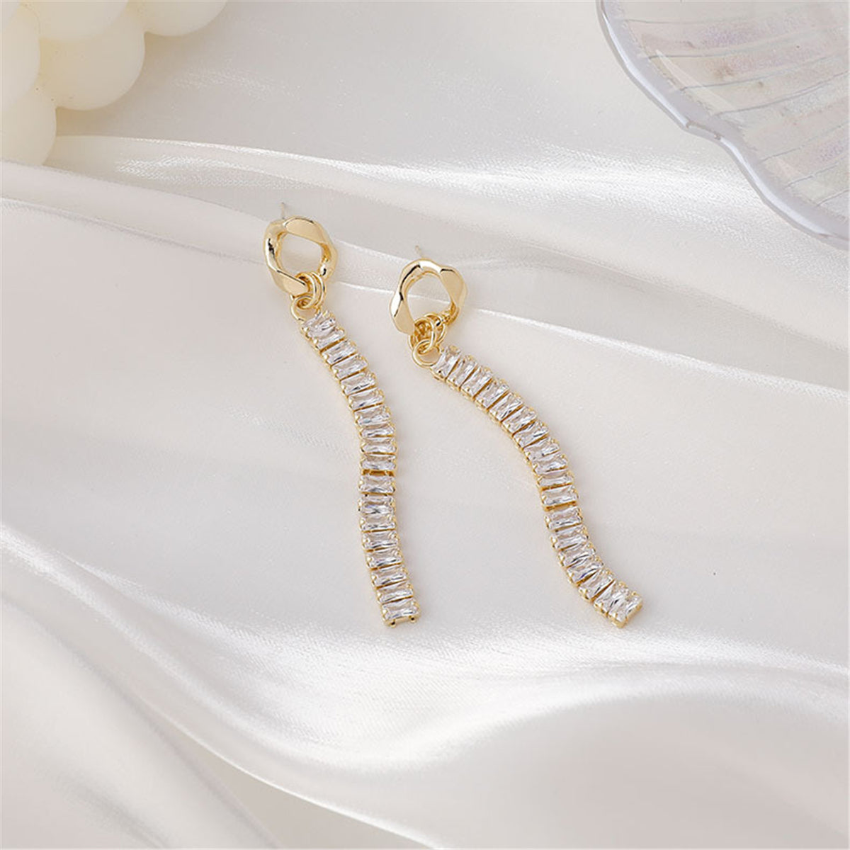 Crystal and 18K Gold-Plated Baguette-Cut Drop Earrings, gold drop earrings for women, everyday style, detail close-up