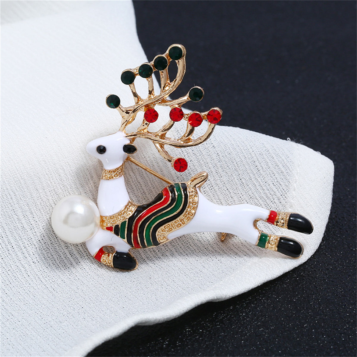 Cubic Zirconia and Pearl Enamel 18K Gold-Plated Reindeer Brooch, gold brooch pin, everyday style, styled look