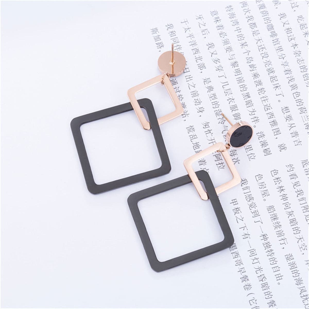 18K Rose Gold-Plated and Black Double Open Rhombus Drop Earrings, rose gold drop earrings for women, styled look