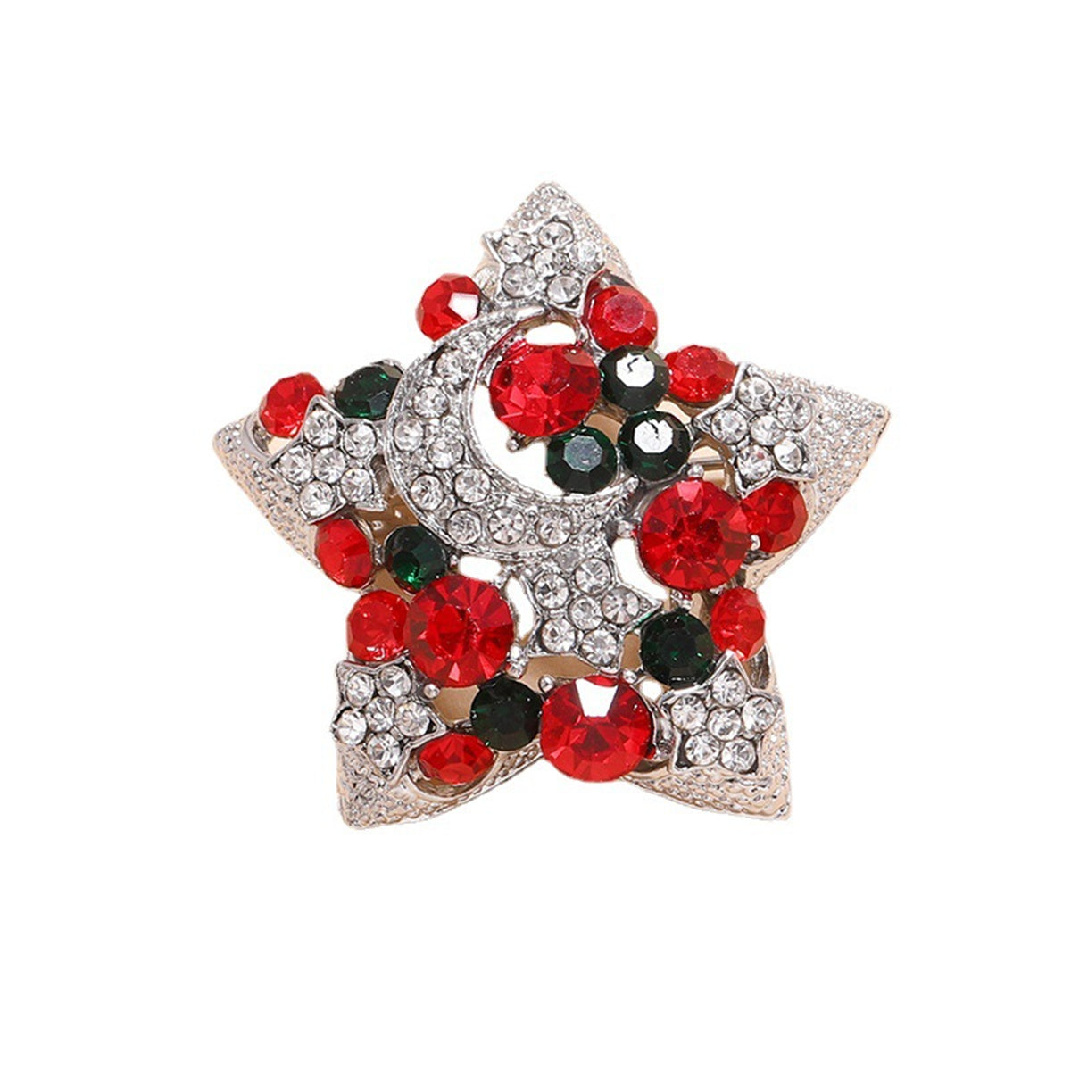 Red Cubic Zirconia and Silver-Plated Moon Star Brooch, silver brooch pin, botanical inspired, front view