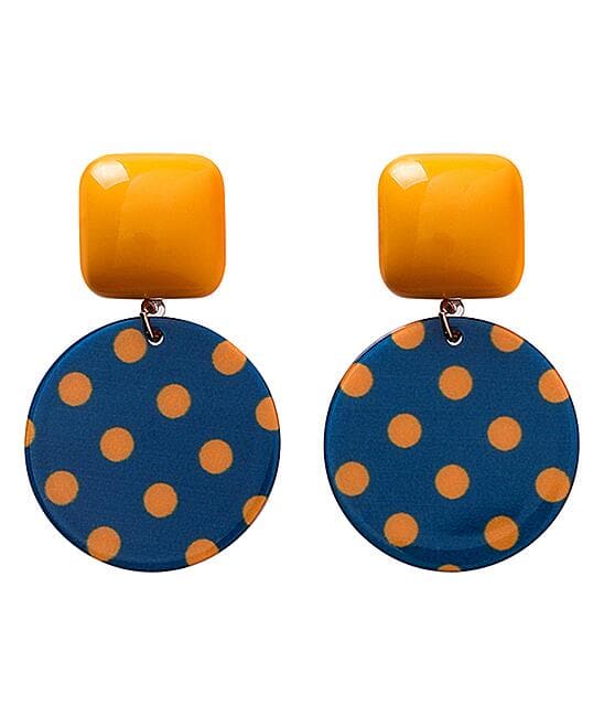 Blue and Orange Polka Dot Geometric Drop Earrings, drop earrings for women, dainty minimalist design, lifestyle look