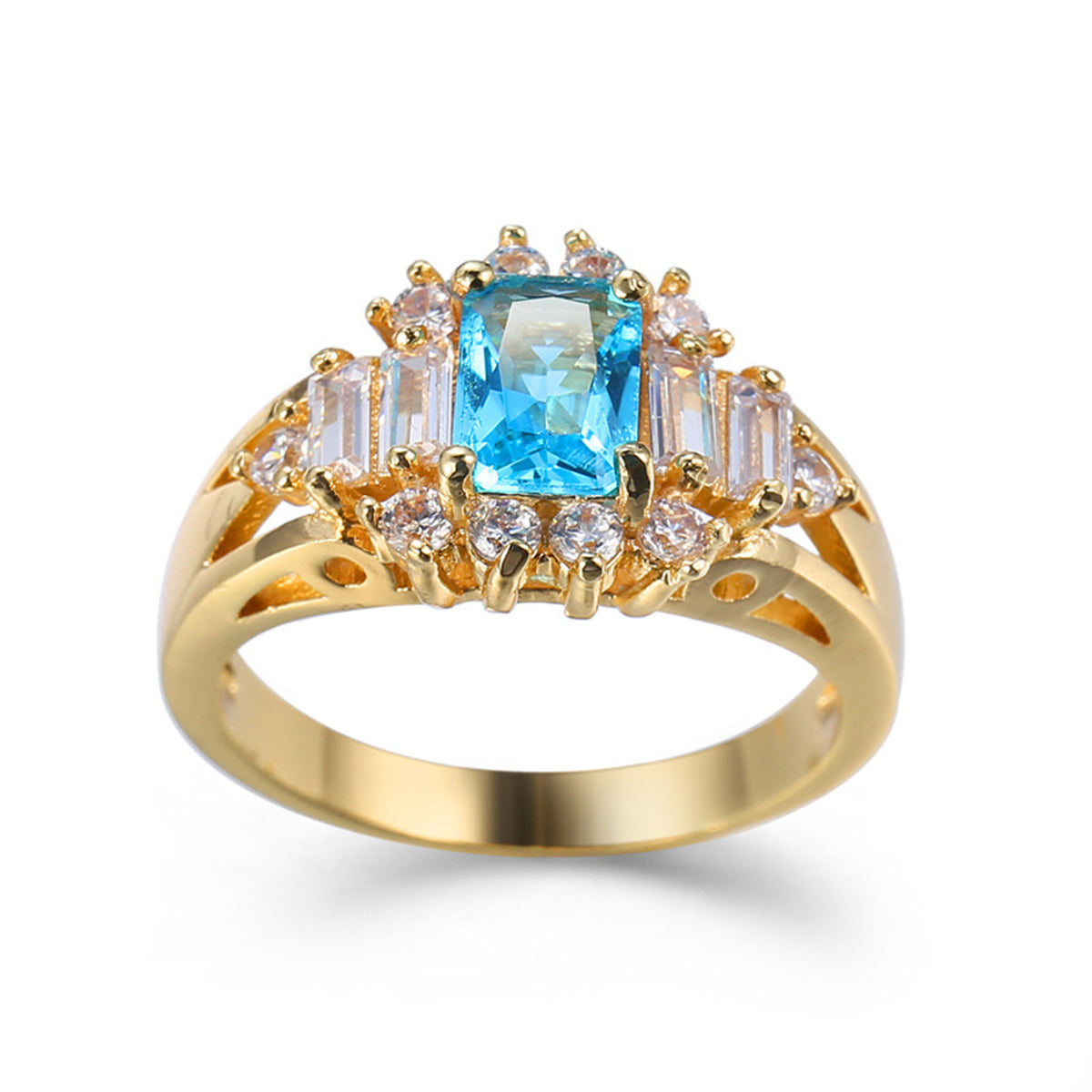Blue Crystal and Cubic Zirconia Baguette-Cut Ring, statement rings for women, botanical inspired, side view