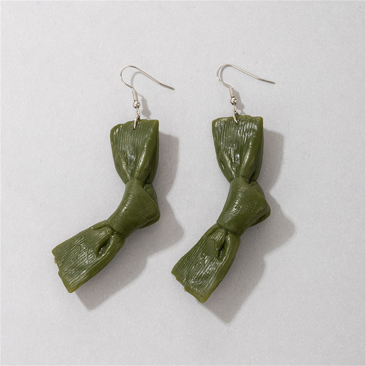 Green Polymer Clay and Silver-Plated Bow Drop Earrings, silver drop earrings for women, everyday style, detail close-up