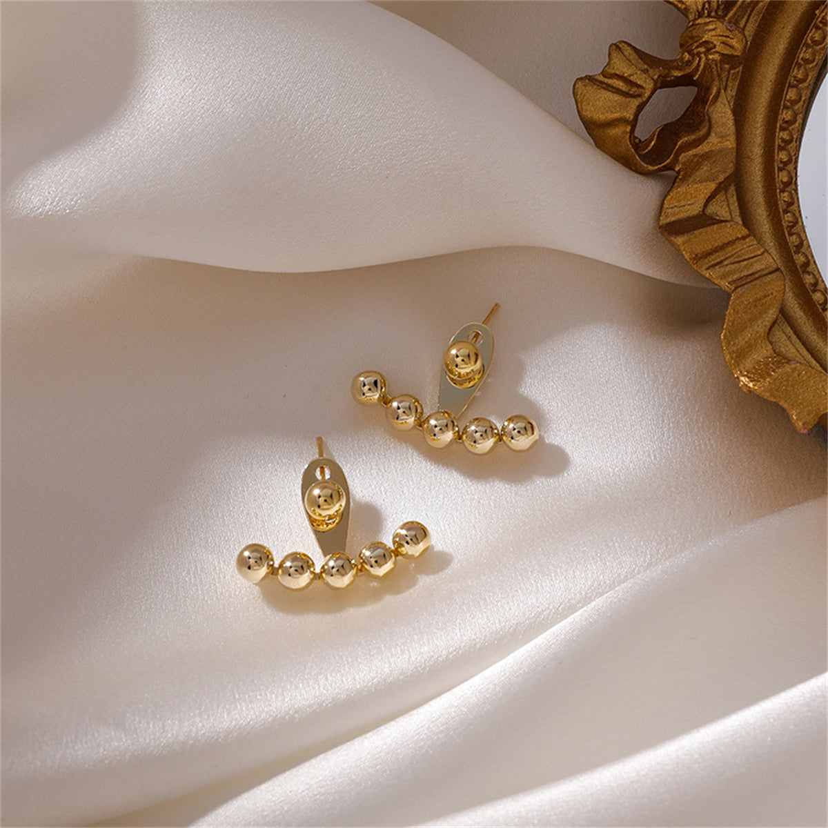 18K Gold-Plated Beaded Ear Jackets, gold stud earrings for women, dainty minimalist design, detail close-up