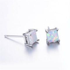 White Opal & Silver-Plated Princess Cut Stud Earrings