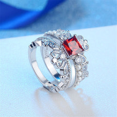 Red Crystal & Pearl Silver-Plated Crown Ring Set