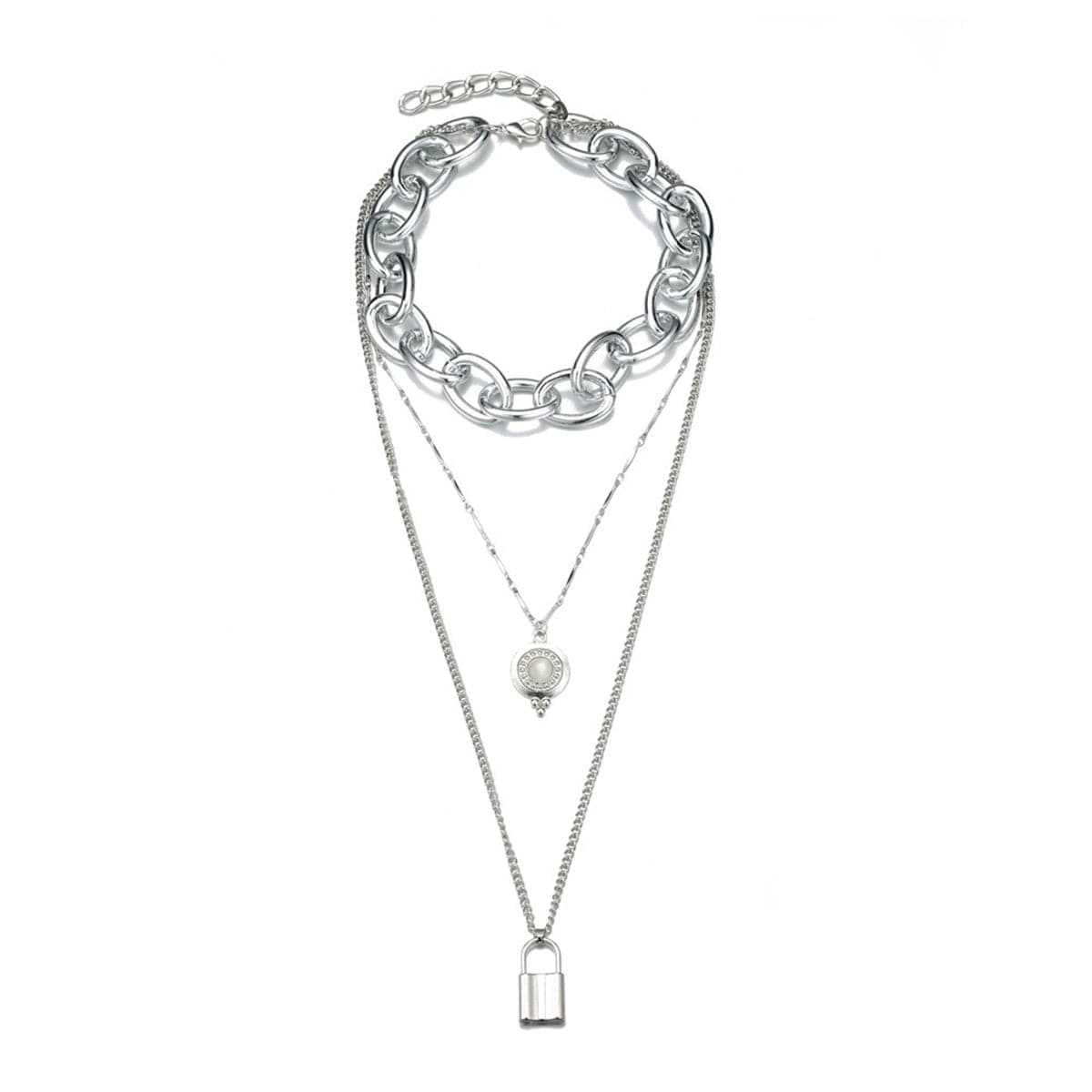 Moonstone and Silver-Plated Latch Pendant Layered Necklace, silver pendant necklace for women, everyday style, front view