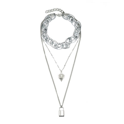 Moonstone and Silver-Plated Latch Pendant Layered Necklace, silver pendant necklace for women, everyday style, front view