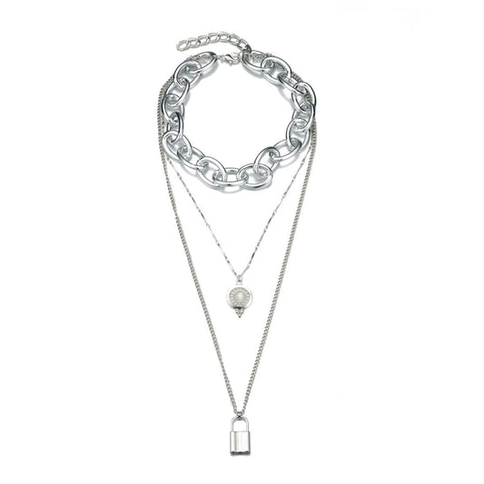 Moonstone and Silver-Plated Latch Pendant Layered Necklace, silver pendant necklace for women, front view