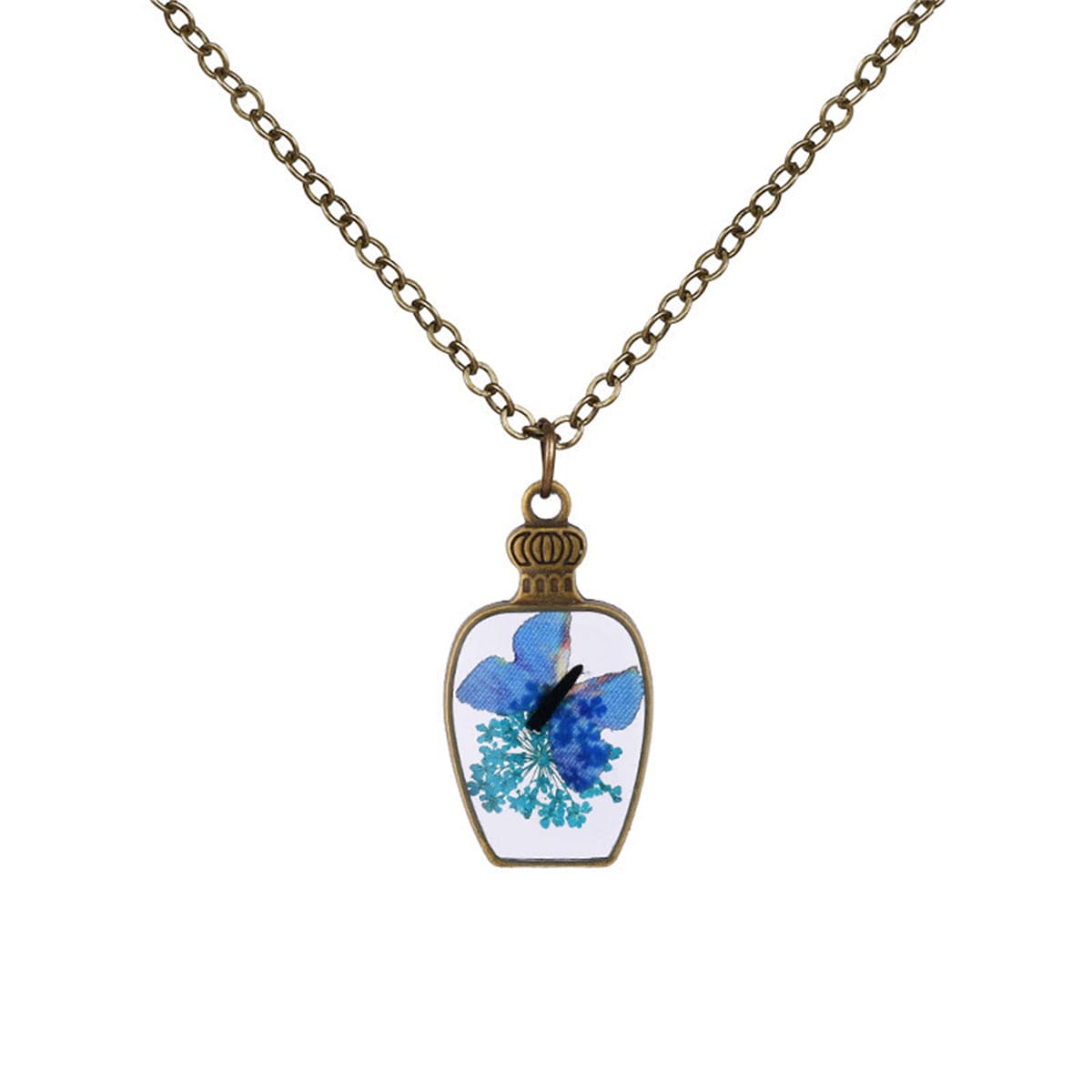 Blue & 18K Gold-Plated Pressed Gypsophila & Butterfly Vase Pendant Necklace