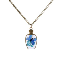 Blue & 18k Gold-Plated Pressed Gypsophila & Butterfly Vase Pendant Necklace