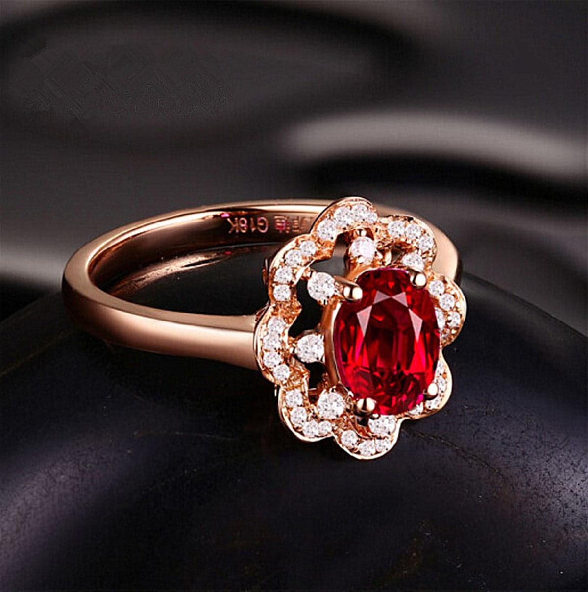 Red Crystal and Cubic Zirconia Flower Edge Ring, statement rings for women, vintage-inspired design, detail close-up