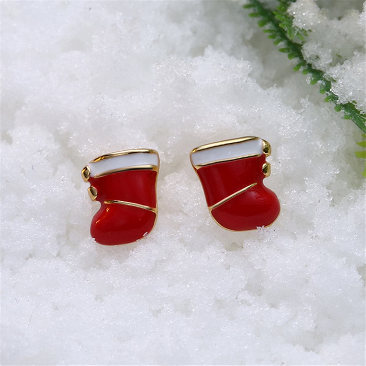 Red Enamel & 18K Gold-Plated Christmas Boot Stud Earrings