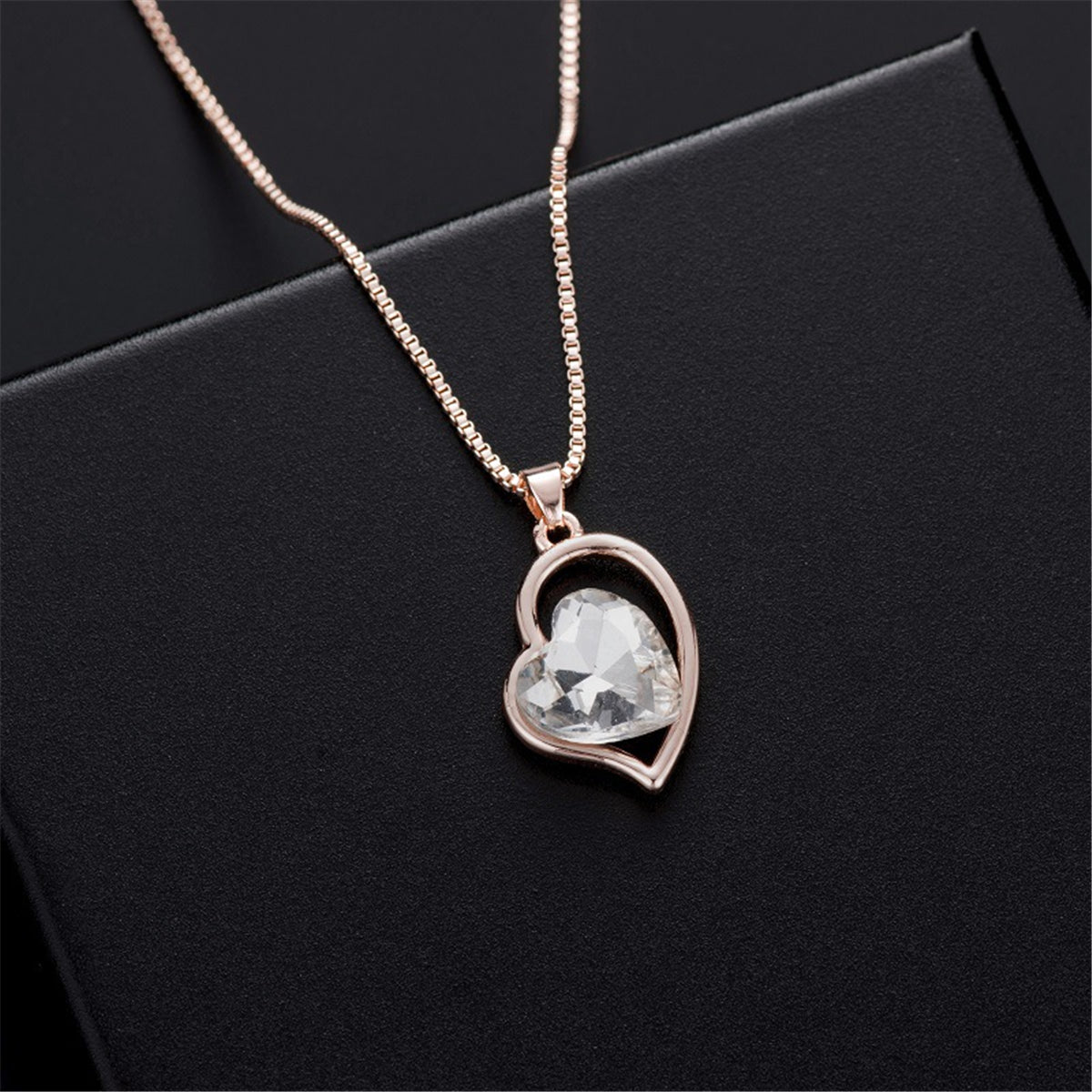 Crystal and 18K Rose Gold-Plated Heart Pendant Necklace and Earrings, rose gold drop earrings for women, detail close-up
