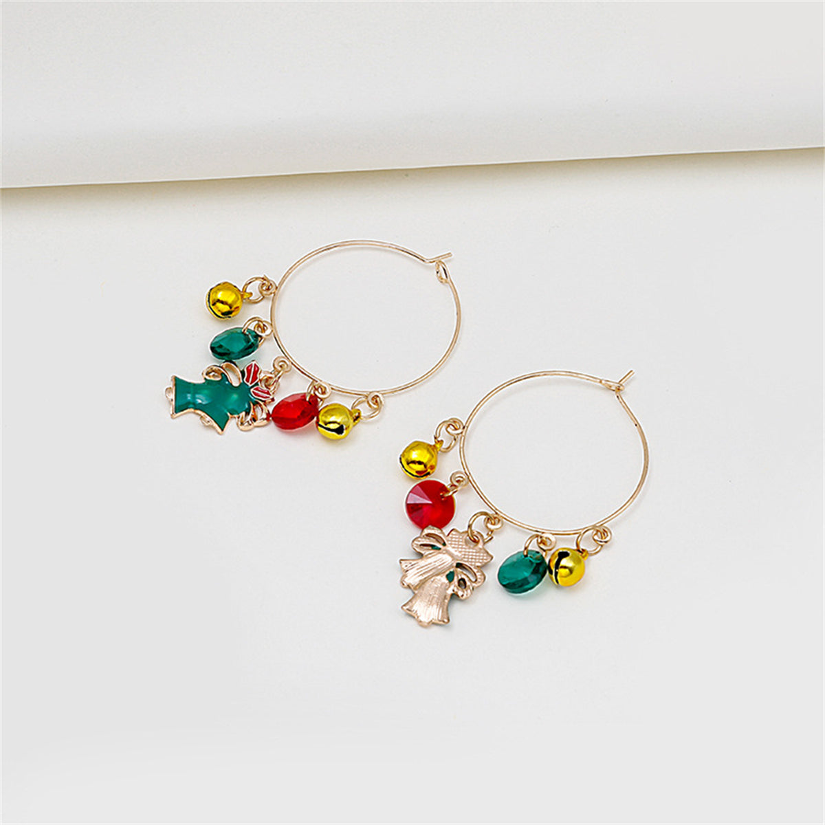 Green Cubic Zirconia and Enamel 18K Gold-Plated Bell Hoop Earrings, gold drop earrings for women, detail close-up
