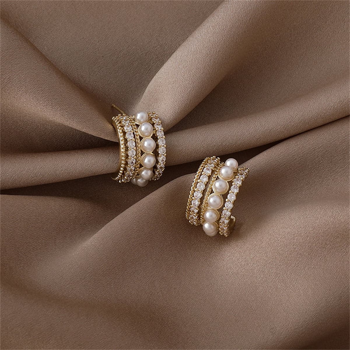 Pearl and Cubic Zirconia Huggie Earrings, huggie earrings, everyday style, detail close-up