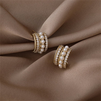 Pearl and Cubic Zirconia Huggie Earrings, huggie earrings, everyday style, detail close-up
