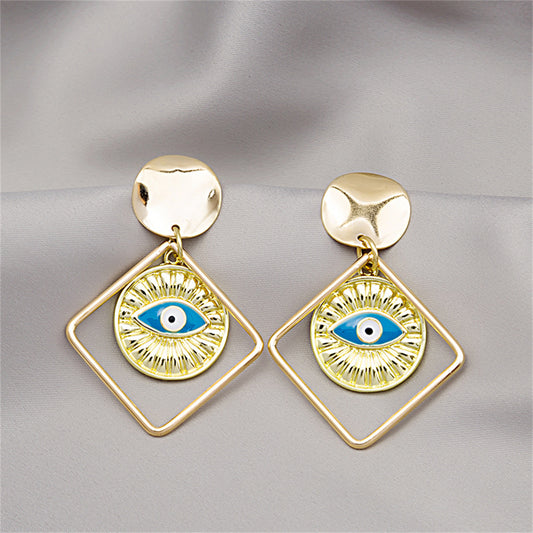 Blue Enamel and 18K Gold-Plated Evil Eye Open Rhombus Drop Earrings, gold drop earrings for women, front view