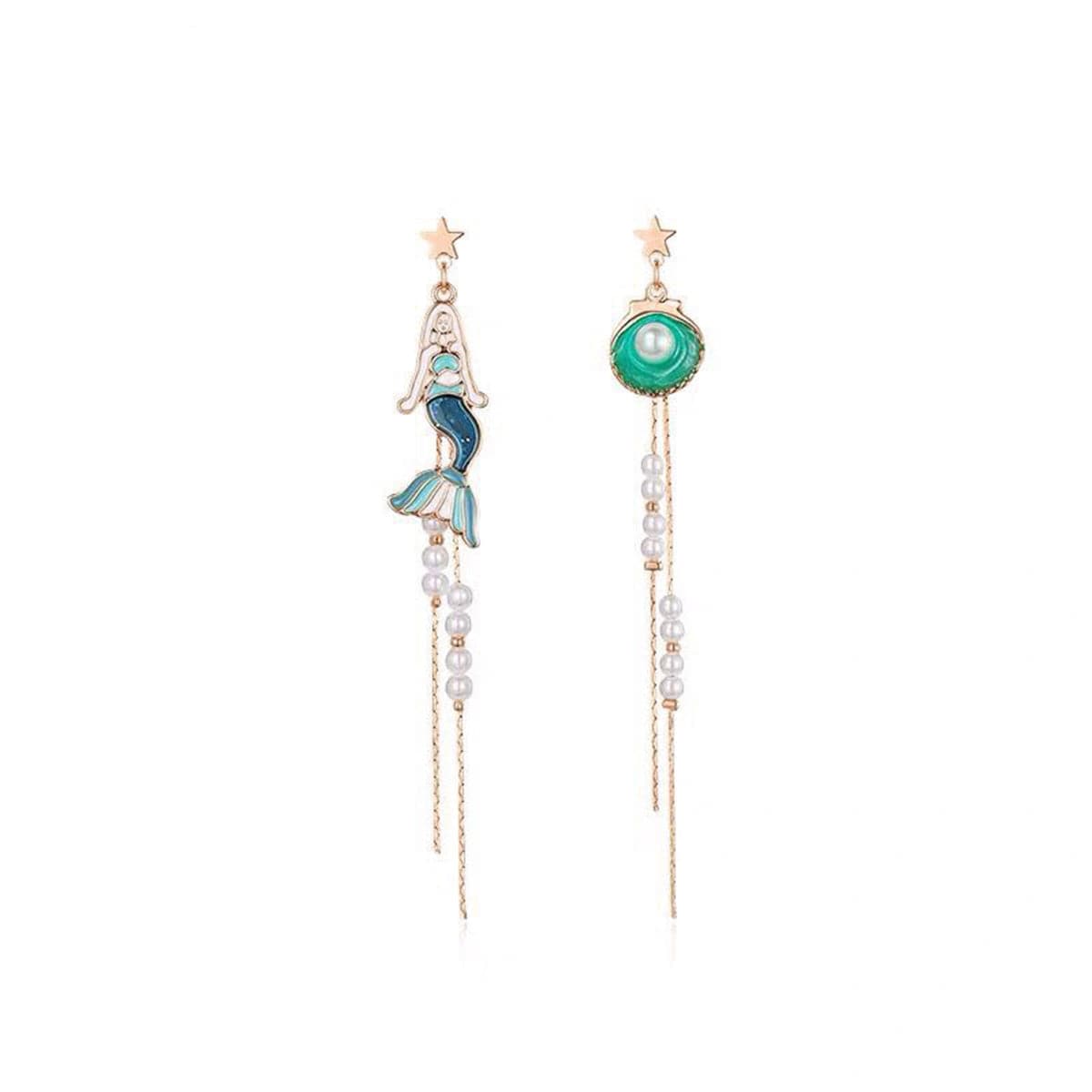 Pearl and Enamel 18K Gold-Plated Mermaid Drop Earrings, gold drop earrings for women, botanical inspired, side view