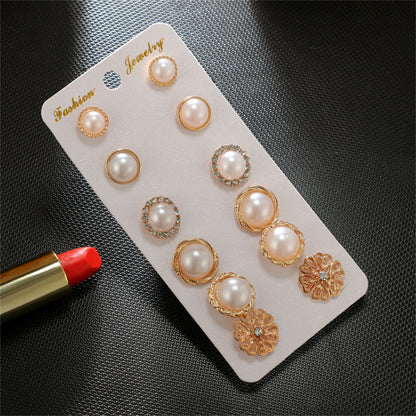 Pearl and Cubic Zirconia Floral Round Stud Earrings Set, stud earrings for women, everyday style, detail close-up