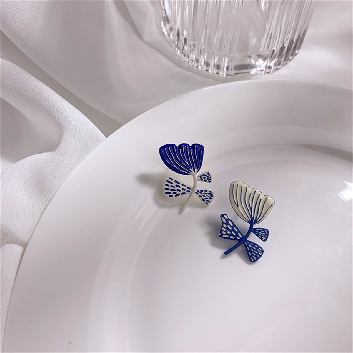 Blue & Silver-Plated Flower Stud Earrings