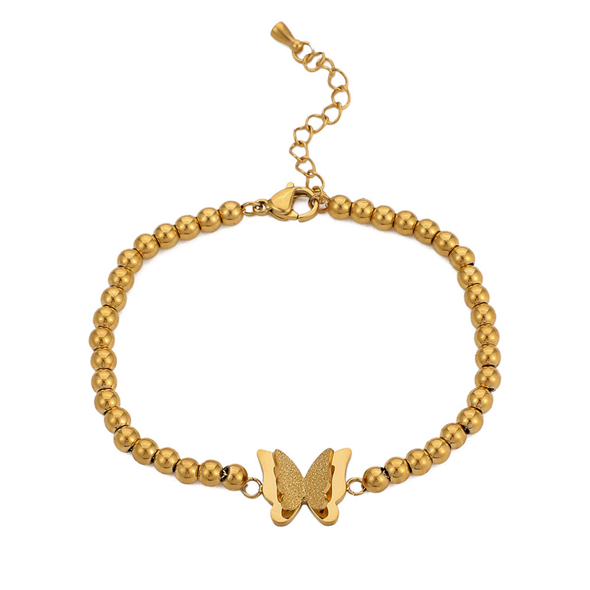 Beautifully crafted 18K gold-plated butterfly bracelet with beaded accents, a must-have accessory for any fashion lover.