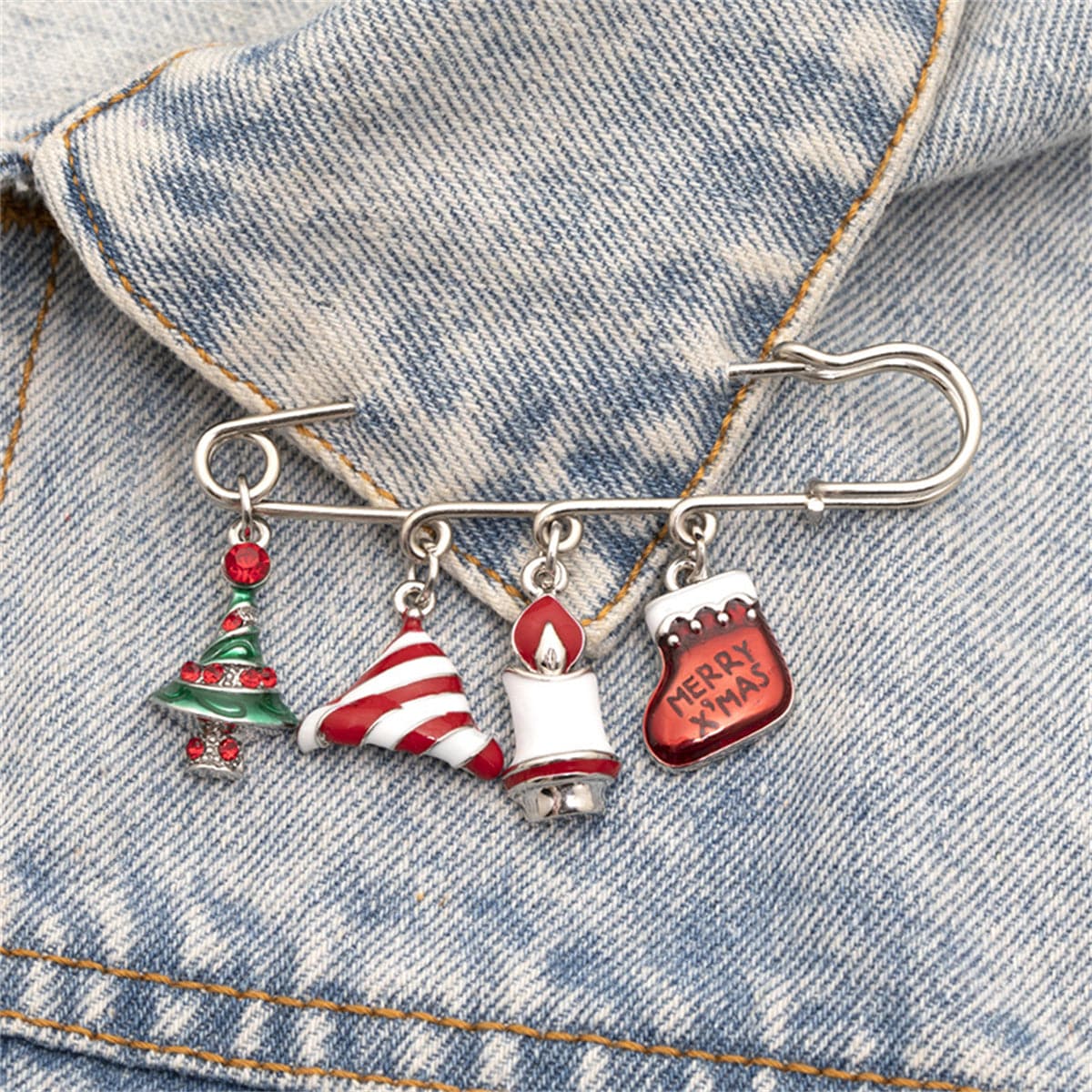 Cubic Zirconia & Silver-Plated Christmas Charm Brooch